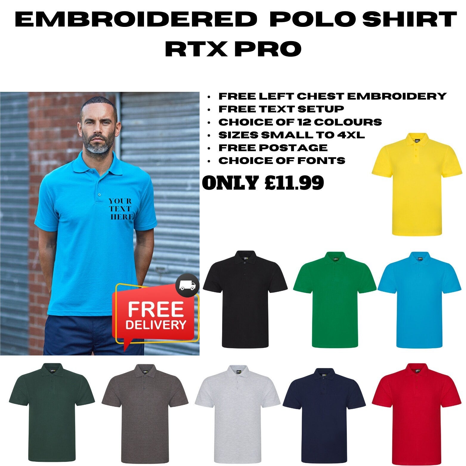 Embroidered polo shirt customised polo shirt workwear polos free postage free set up free Embroidery embroidered t shirt Workwear Northern Stitches